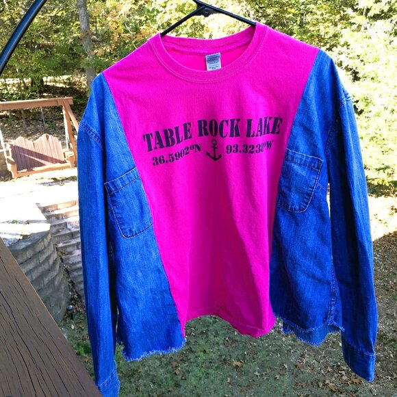 Reworked Denim Tshirt, Size M-L: Table Rock Lake Graphic Tee, Upcycled Oversized - Picture 6 of 8